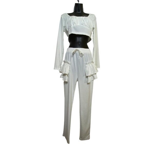 Two-Piece White Long-Sleeve Crop Top & Ruffled Pants Set 1XL Sexy Stretch Cute - Picture 1 of 7